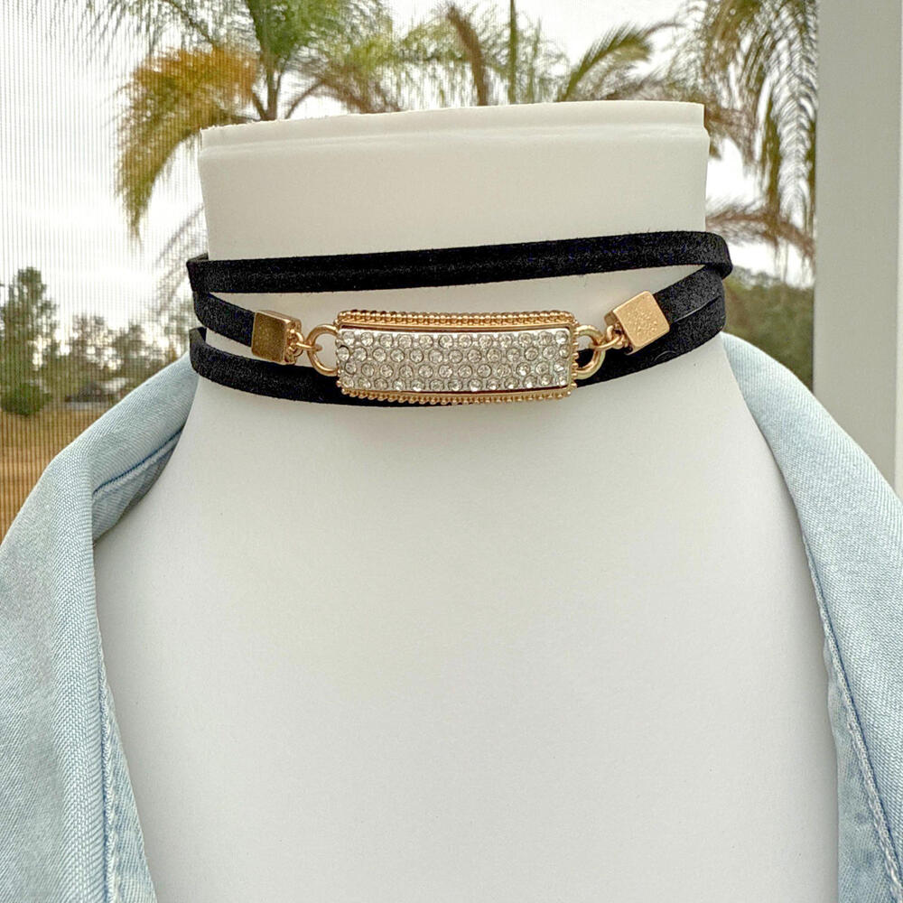 NWT Black Gold Cord Choker Crystal Bar Necklace Boho Y2K Cowgirl